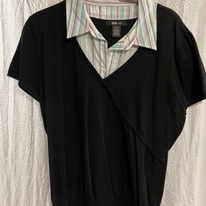 Black pullover sweater with faux shirt underneath